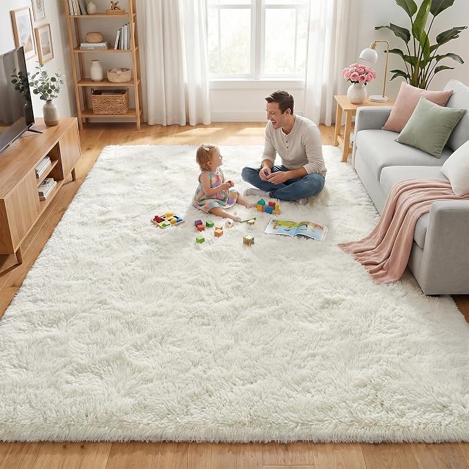 Fluffy Rugs for Living Room: White Soft Shag Rug for Bedroom, Large Fuzzy Plush Indoor Carpet Non Slip Modern Rug for Nursery Kids Room Dorms Office Home Decor, 7x10 Feet