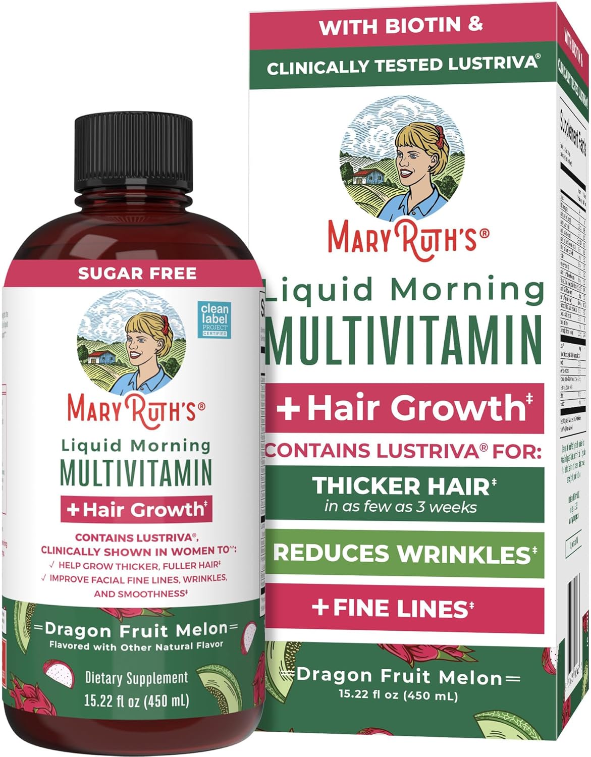 MaryRuth's Liquid Multivitamin + Hair Growth | Biotin 10000mcg | Lustriva Hair Growth Supplement | Clinically Tested in Women for Thicker Hair & Facial Wrinkle | Skin Care | Ages 18+ | 15.22 Fl Oz