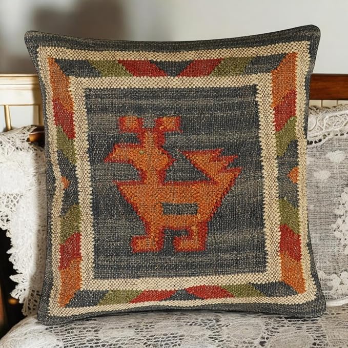 Kilim Pillow Cover Set of 4, 18 x 18 inches Wool Jute Cushion Cover, Handwoven Boho Vintage Decorative Throw Pilllow Case for Living Room & Bedrooms (D4-Set of-4)