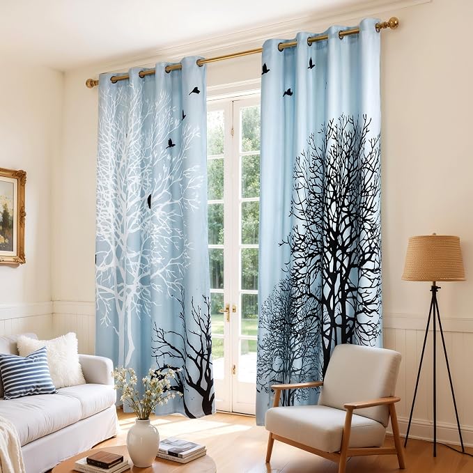 SUBRTEX Blackout Curtains 52Wx108L, Room Darkening Floral Curtains, Thermal Insulated 2 Panels Window Drapes, Boho Farmhouse Curtains for Living Room Bedroom Window Treatments, Light Blue
