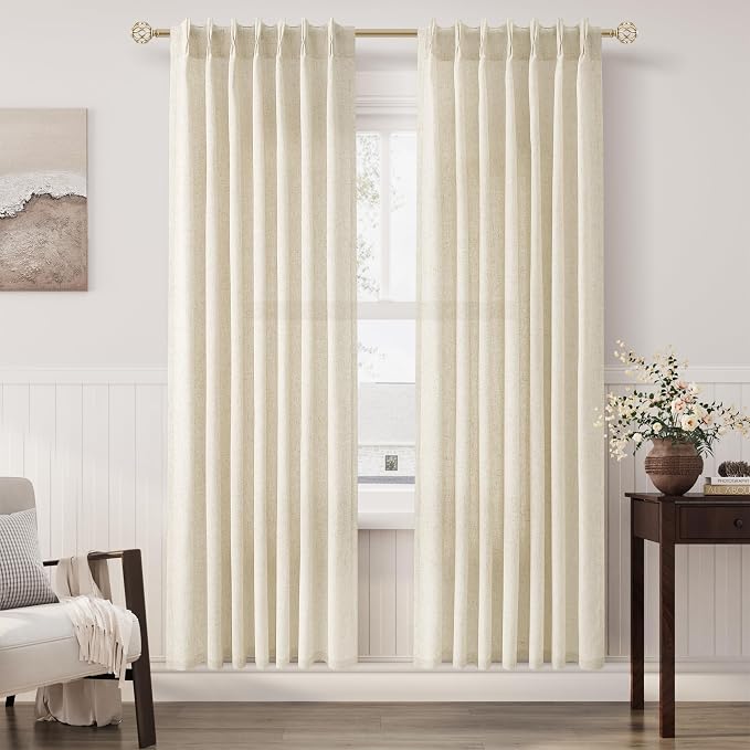 Aersas Beige Pinch Pleated 80 Inch Curtains Semi Sheer Linen Blend Light Filtering Window Curtains 80 Inches Long for Living Room Bedroom Boho Cream Beige Pinch Pleat Drapes with Hooks 2 Panels Set