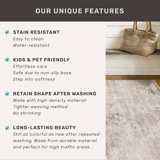 Hazo Haus Farmhouse Area Rugs for Living Room - 7x10 Washable Modern Abstract Rug for Bedroom, Dining Room Under Table, Home Office, Soft Washable & Stain Resistance (Beige & Brown & Peach)