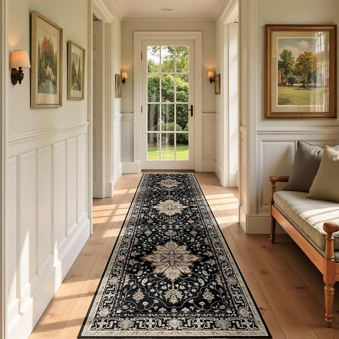 RELEANY Washable Area Rug, Runner 3'x9', Black/Neutral | Non-Slip, Water Repellent, Pet Friendly, Easy to Clean, Vintage Floral Boho Decor for Kitchen Hallway Bedroom Laundry