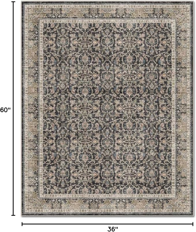 Washable 3x5 Entryway Rug, Boho Vintage Non-Slip Door Mat, Black/Navy Blue | 0.3" Neutral Throw Small Rugs for Bedroom Kitchen Nursery Entrance, Cushioned for High-traffic Area