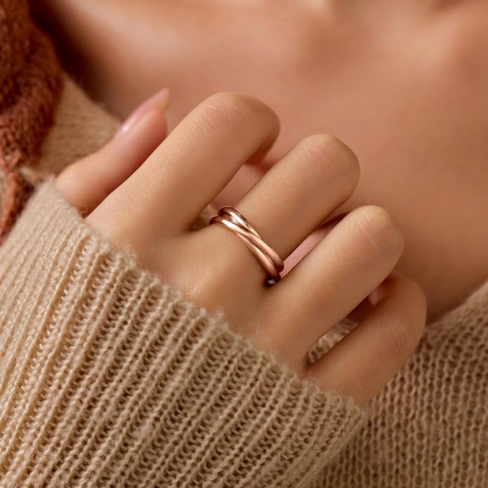 14K Gold Plated Interlocking Fidget Anxiety Ring 925 Sterling Silver Stackble Rings for Women Men Rolling Triple Spinner Ring Minimalist Trendy Knuckle Rings Jewelry Birthday Graduation Gifts