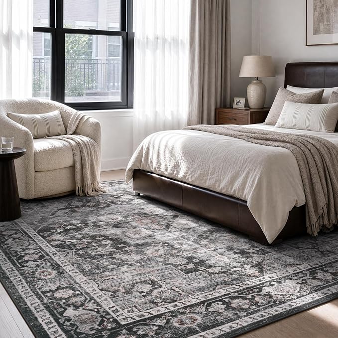 AMOAMI-Area Rug 5X7 Rugs for Living Room-Vintage Soft Black Rugs for Bedroom-Non Slip Carpet-Machine Washable Rug for Dining Room Living Room Bedroom Office Under Table Dark Grey & Black
