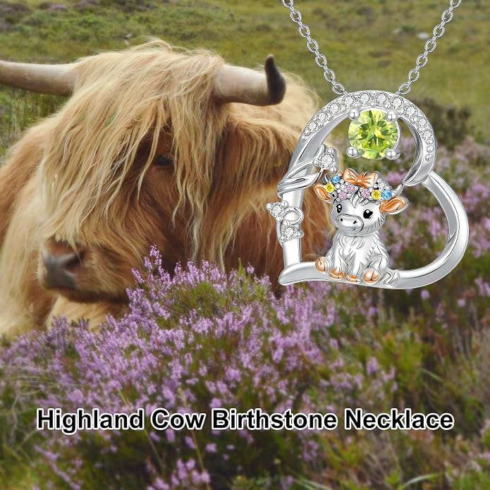 Highland Cow Gifts for Women 925 Sterling Silver Highland Cow Birthstone Necklace Fluffy Cow Jewelry Gifts Birthday Christmas