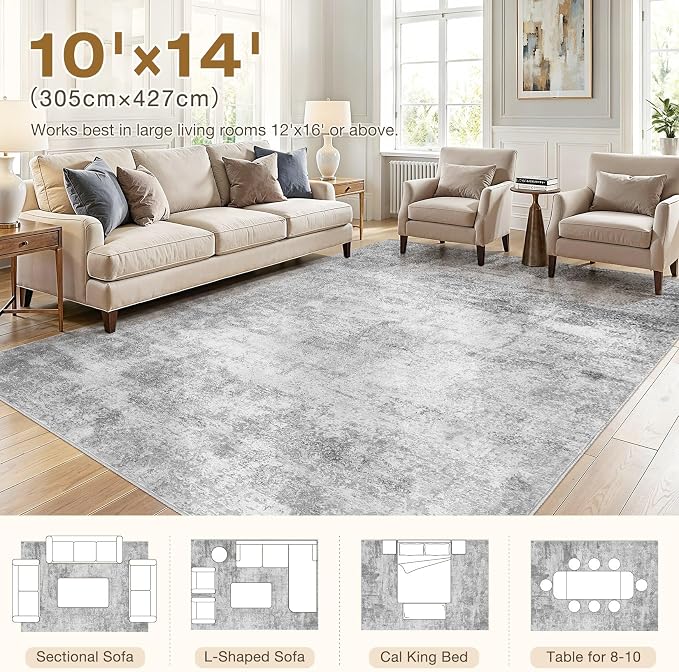 cotiled 10x14 Area Rug Abstract Soft Non Slip Washable Rugs for Living Room | Stain Resistant, Robot Vacuum & Pet Friendly, Low-pile, For Living Room, Bedroom, Dining Table, Nursery Grey