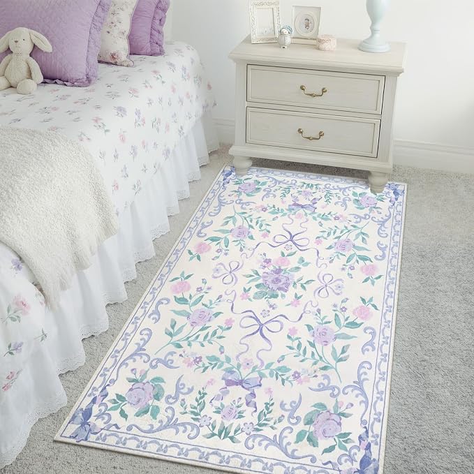Collive 3x5 Nursery Rug, Boho Purple Floral Area Rugs Machine Washable, Soft Ultra-Thin Bow Carpet Non Slip for Girls Room Bedroom Entryway Playroom Living Room (Purple, 3' X 5')