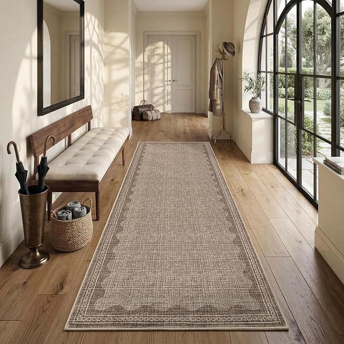 GarveeHome 2x10 Runner Rug for Hallway Washable Kitchen Rugs Non Slip Solid Coffee Modern Minimalism Soft Low-Pile Scalloped Indoor Carpet for Entryway Laundry Room Floor Mats