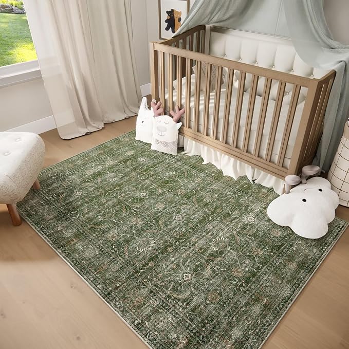 Boho Washable 5x7 Area Rugs for Living Room, Cushioned, Grass Green | Vintage Non-slip Rugs for Bedroom Dining Room Nursery Office, 0.3" Neutral Oriental Throw Thin Carpet, Grass Green/Multi