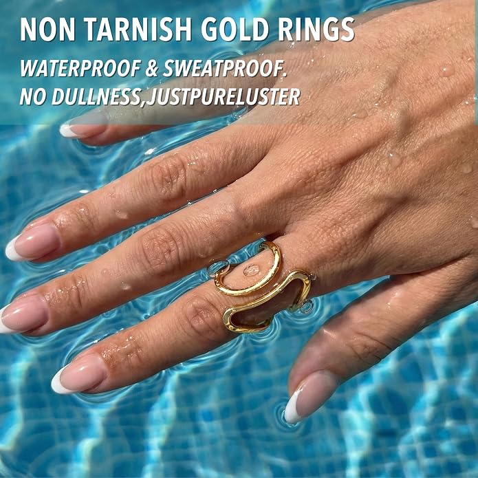 Gelbesty Waterproof Gold Statement Rings for Women, 14K Gold Plated Chunky Open Stackable Rings Non Tarnish Fashion Adjustable Stainless Steel Pinky Knuckle Signet Vintage Ring Jewelry Size 5-11