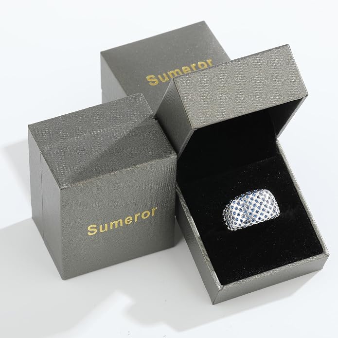 Bold Architectural Ring with Blue Zirconia, 925 Sterling Silver White Gold Plated Chunky Wide Eternity Band, Brutalist Statement Ring for Women, Maximalist Jewelry Gift
