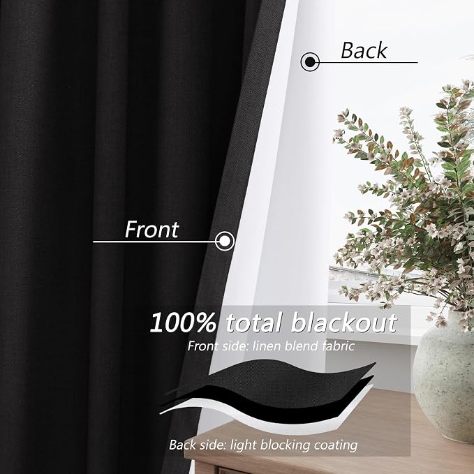 Guken Black 100% Blackout Linen Curtains 63 Inch Length 2 Panels Set for Living Room Bedroom Back Tab Thermal Insulated Black Out Drapes Room Darkening Farmhouse Window Curtains 52x63