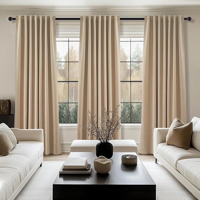102 Inch Long Blackout Curtains for 2 Panels,Energy Efficinet Room Darkening Linen Blend Textured Curtains with Hooks,Track System Black Out Curtains for Living Room Bedroom,2 Panels, Tan Taupe