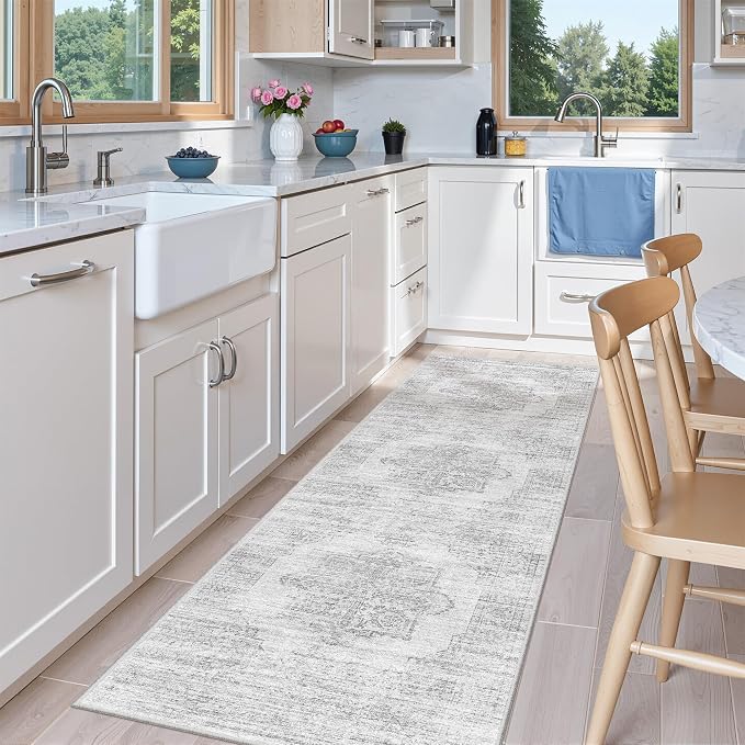 2x6 Runner Rug Non Slip,Washable Hallway Runner Rug,Grey | Neutral Rugs for Kitchen,Entryway,Bedroom,Bathroom,Nursery Room,Thin,Soft Runner Rug,Stain Resistant Indoor Carpet