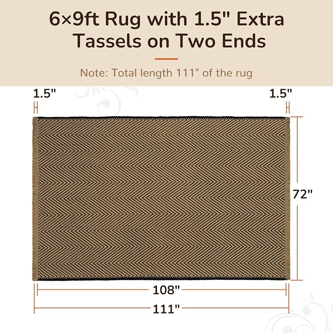 6x9 Washable Boho Area Rug with Tassels for Living Room Beige Black | Vacuum Friendly, Machine Washable, Non-Slip Rug, Modern Farmhouse Neutral Decor Carpet, Bedroom Dining Room Office Kitchen