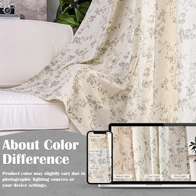 Lazzzy Farmhouse Linen Curtains Gray Floral Curtains 96 Inch Long Back Tab Drapes for Living Room Bedroom Light Filtering Country Vintage Rod Pocket Curtain, 2 Panels, Grey on Beige