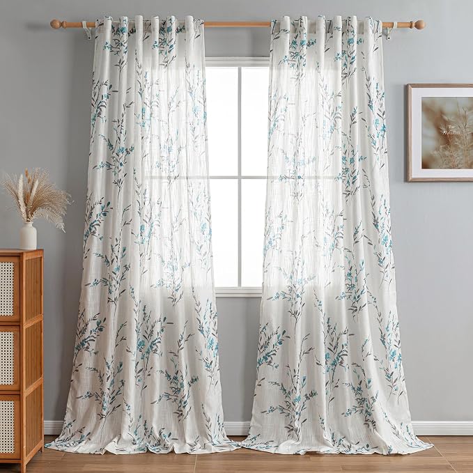 MYSKY HOME Living Room Curtains 108 Inch Long for Windows Linen Sheer Blended Curtains with Floral Printing Privacy Added Light Filtering for Home Decor Farmhouse Style Texture Soft Touch, Teal, 2 Pcs