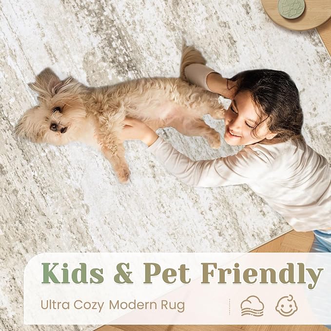 Washable Rug 9x12 Area Rugs for Living Room: Large Neutral Soft Rug Abstract Non Slip Low Pile Modern Carpet for Bedroom Kitchen Nursery Office Dining Room Indoor (Beige, 9'x12')