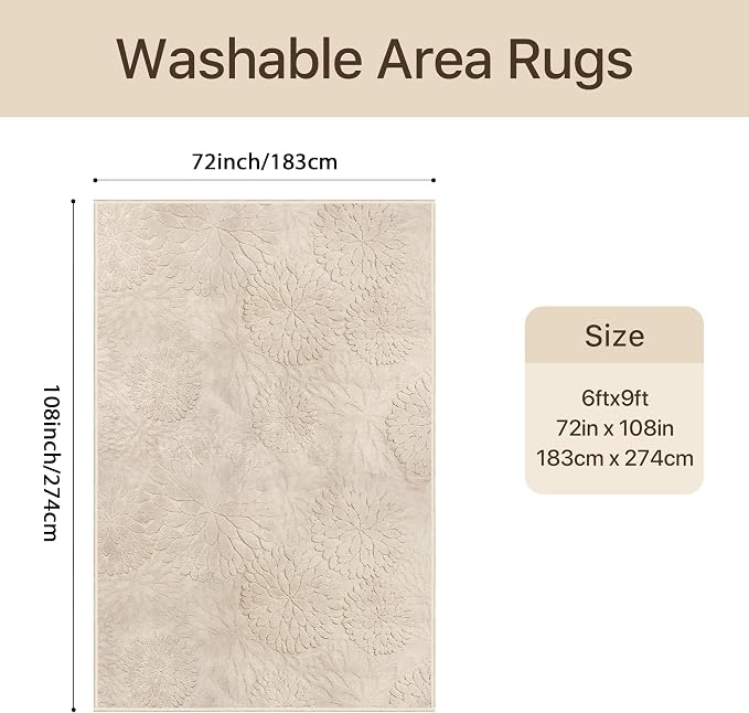 GENIMO Soft Washable Area Rugs 6x9, 3D Modern Floral Rugs for Living Room, High-Low Pile Textured Non Slip Fuzzy Shag Carpet, Non-Shedding Stain Resistant Thin Beige Rugs for Bedroom, Dining Room