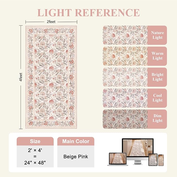 DUKINO 2x4 Rug, Washable Vintage Floral Entryway Rug Non Slip, Beige Pink | Low Pile, Non-Shedding, Stain Resistant Boho Lightweight Soft Indoor Carpet for Kitchen Bathroom Hallway Laundry Farmhouse