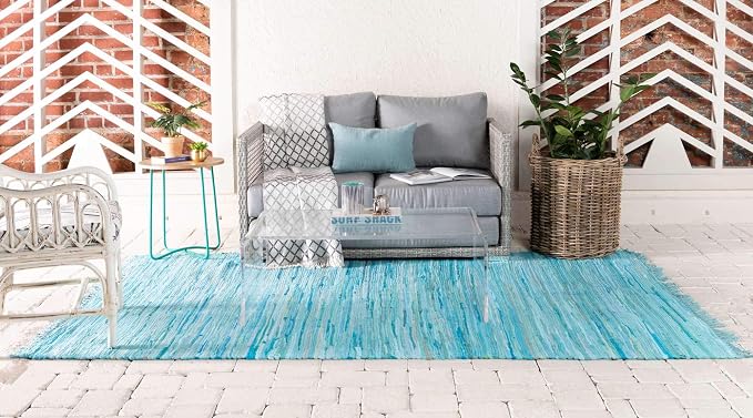 Unique Loom Chindi Cotton Collection Soft Hand Woven Natural Fiber Striped Area Rug, 9 ft x 12 ft, Turquoise/Ivory