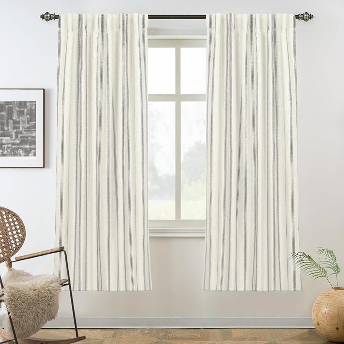 DriftAway Farmhouse Stripe Blackout Curtains, W52xL63, Gray | Blackout, Linen Texture, Stripe Pattern, Rod Pocket & Back Tab, Two Layers, Bedroom Living Room Use, Sound Reducing Design