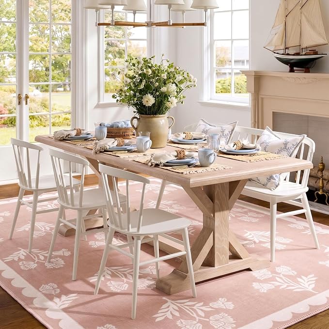 Pink Floral Scalloped Area Rug - 6x9 Washable Boho Bedroom Rug Stain Resistant Dining Room Rugs for Under Table Non Slip Rugs for Living Room Nursery Kids Playroom Dorm Baby Room Home Decor