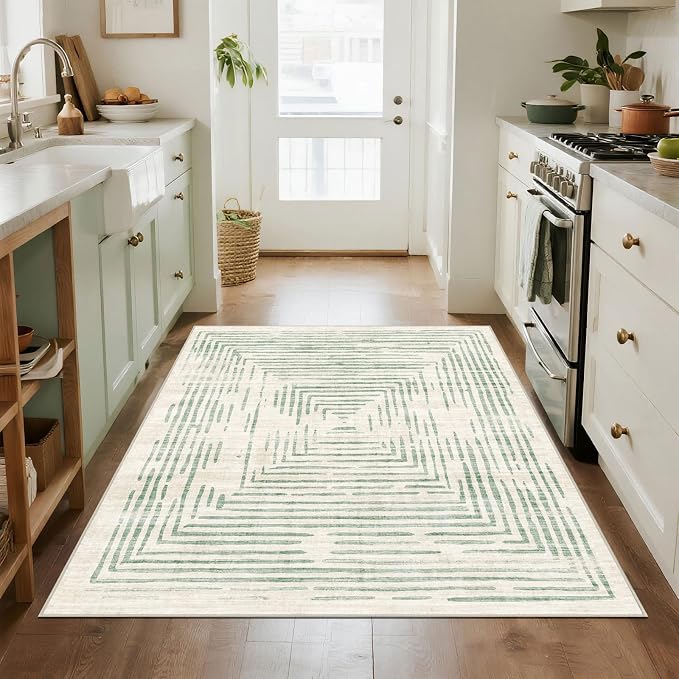BLISSA 4x6 Washable Area Rug - Soft Modern Throw Rugs for Living Room Non-Slip Ultra-Thin Sage Green Lines Borderd Abstract Rugs for Bedroom Entryway Kitchen Foyer Mudroom Dorm Dining Room Carpet