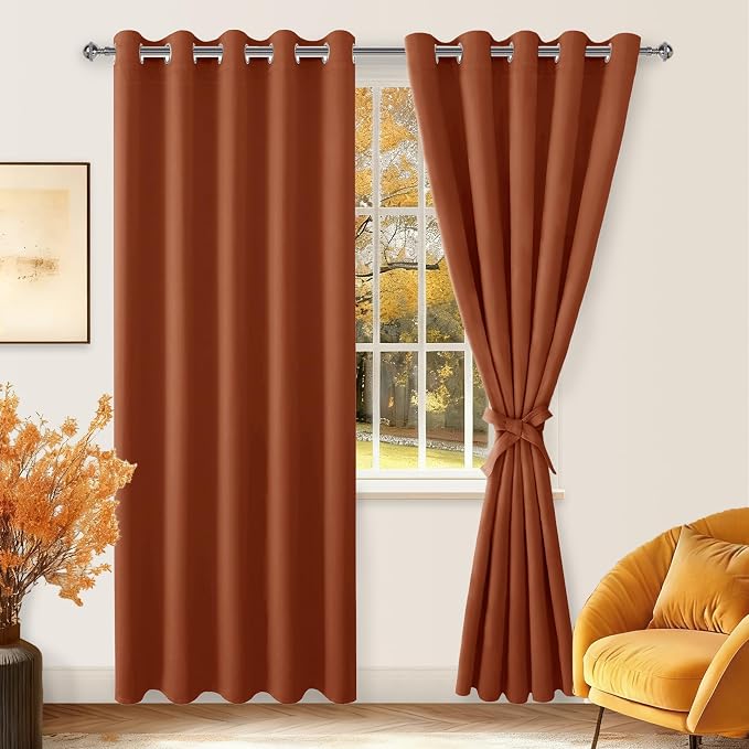 Hiasan Blackout Curtains for Bedroom, 60 x 84 Inches Long - Thermal Insulated & Light Blocking Window Curtains for Living Room/Kids Room Fall Decor, 2 Drape Panels Sewn with Tiebacks, Burnt Ochre