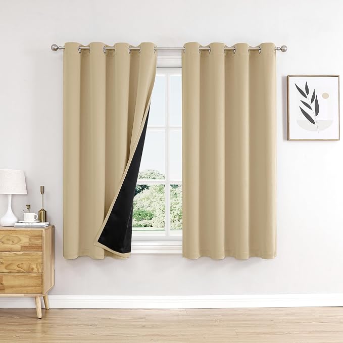 ChrisDowa 100% Blackout Curtains for Bedroom 2 Panels Set with Black Liner | 2 Thick Layers, Thermal Insulated, Light Blocking, Grommet, Window Treatment, Living Room Drapes, Beige, 52 x 54 Inch
