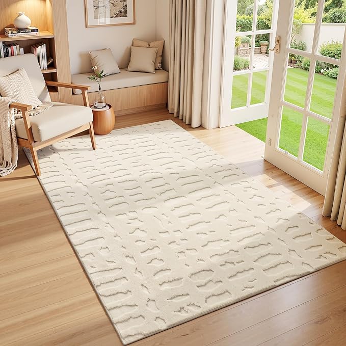 Yamaziot 4x6 Washable Area Rug, High-Low Grid Textured Living Room Rugs, Soft Fluffy Non-Slip Mats Stain Resistant Contemporary Boho Carpet for Dining Room, Kids Nursery Room, Bedroom, Office