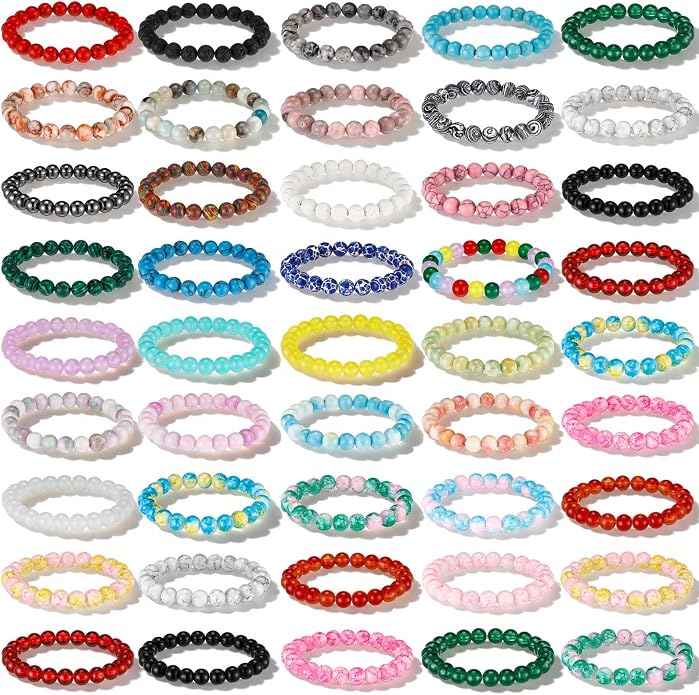 Landical 48 Pcs 8mm Round Beaded Bracelets for Women Men Semi Precious Gemstones Bracelets Crystal Stone Bracelet for Unisex
