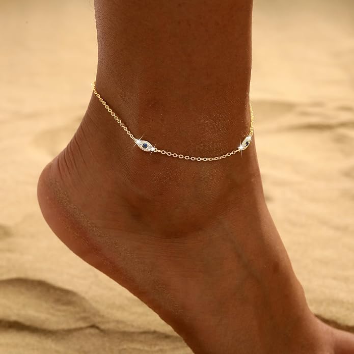 Ankle Bracelets for Women 14K Gold/Silver Plated Cross Heart Bead Anklet Waterproof Adjustable Chain Non Tarnish Cute Boho Trendy Dainty Summer Beach Foot Jewelry Gift for Her