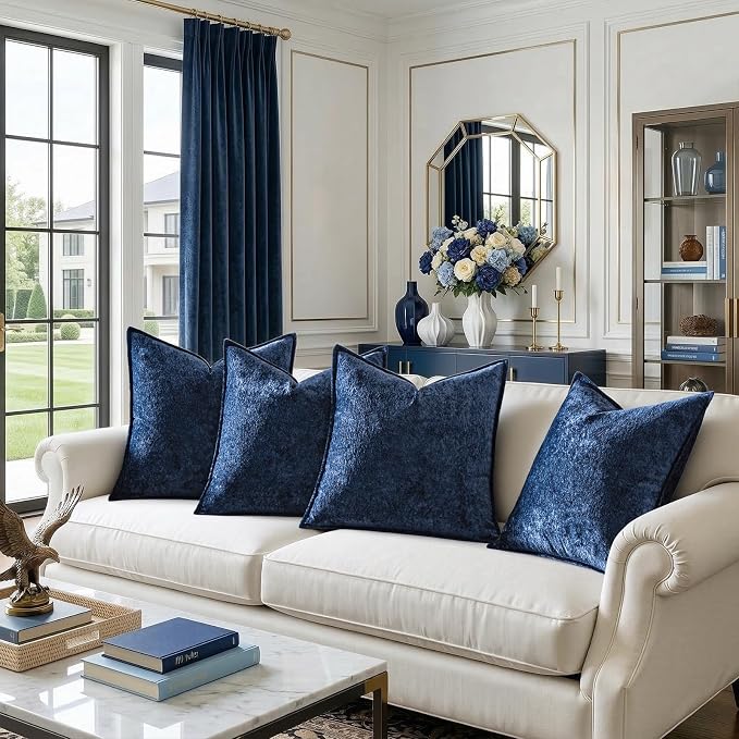 a moment Throw Pillow Covers 24X24 Inch 4 Packs,Soft Velvet Decorative Pillow Cases with 3D Ice Flower,Texture Modern Accent Cushion Covers for Sofa Couch Home Decor Navy Blue