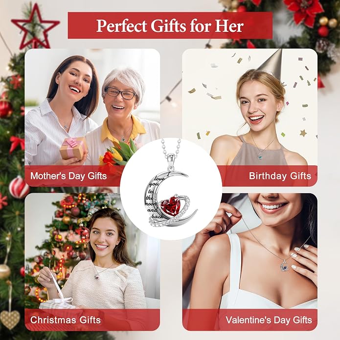 Distance I Love You to The Moon and Back Necklace for Women, S925 Sterling Silver Forever Love Heart Birthstone Necklace, Anniversary Birthday Jewelry for Wife Lover