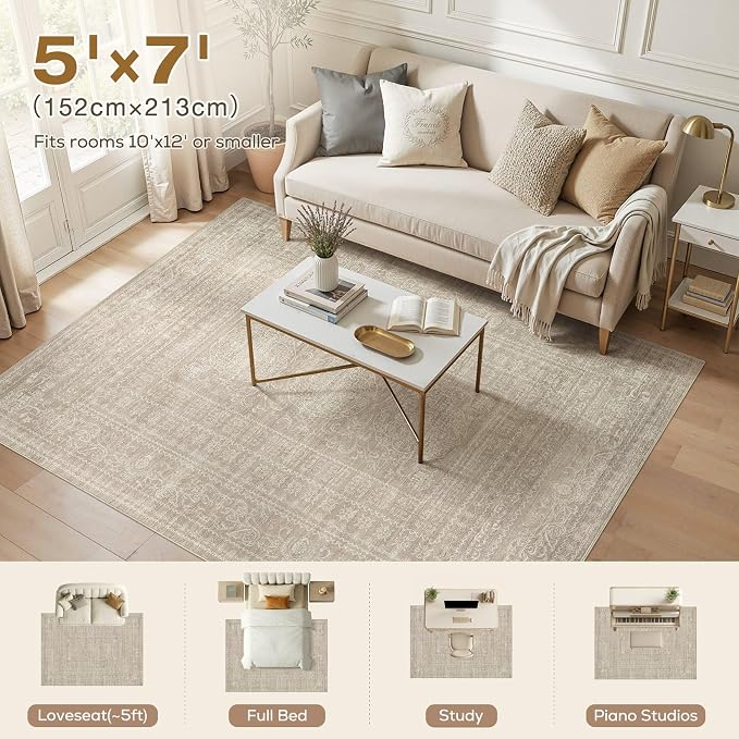 Nakagishi 5x7 Area Rugs Living Room: Washable Large Vintage Rug Neutral Non-Slip Soft Stain Resistant Indoor Carpet for Bedroom Nursery Dining Room Office Playroom - Brown