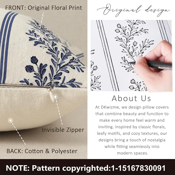 Vintage Throw Pillow Covers 24x24 Set of 2, Striped Floral Pillow Cover Botanical Patterned Decorative Cushion Covers Modern Farmhouse Home Decor for Sofa Couch Bed Living Room, Indigo Blue