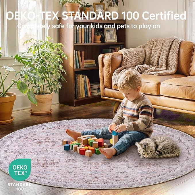 Sasttie Round Rugs 6ft, Ultra-Soft Washable Circle Rug, Low Pile Foldable Thin Carpets with Non-Slip Backing, Skin-Friendly Stain Resistant Carpet for Living Room, Bedroom, Kitchen, Dorm, 6ft, Pink