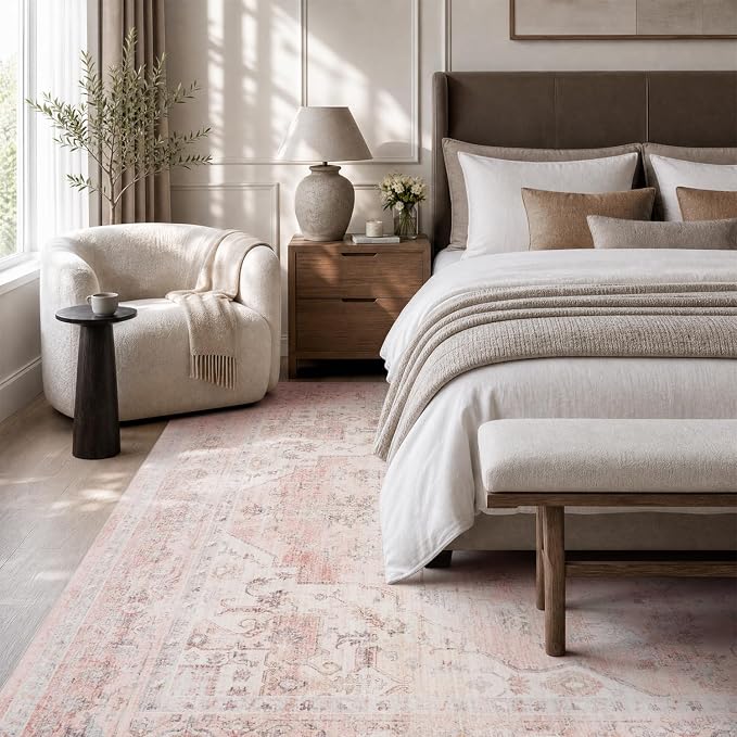 AMOAMI-Area Rug 9X12 Rugs for Living Room-Vintage Soft Pink Rugs for Bedroom-Non Slip Carpet-Washable Rug for Dining Room Living Room Bedroom Office Under Table