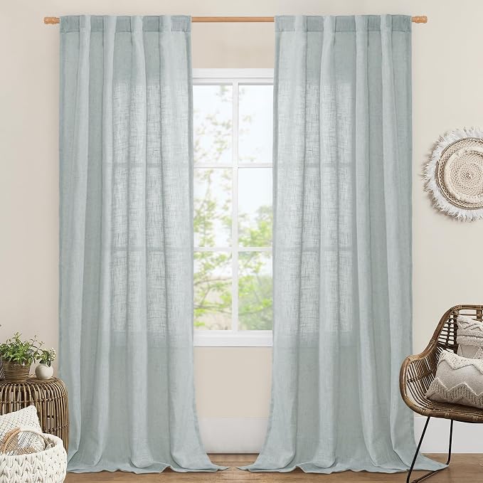 LAMIT Greyish Blue Linen Boho Curtains 84 inch Length 2 Panels, Light Filtering Semi Sheer Panels Back Tab and Rod Pocket Neutral Drapes for Bedroom/Living Room, 34 x 84 Inch