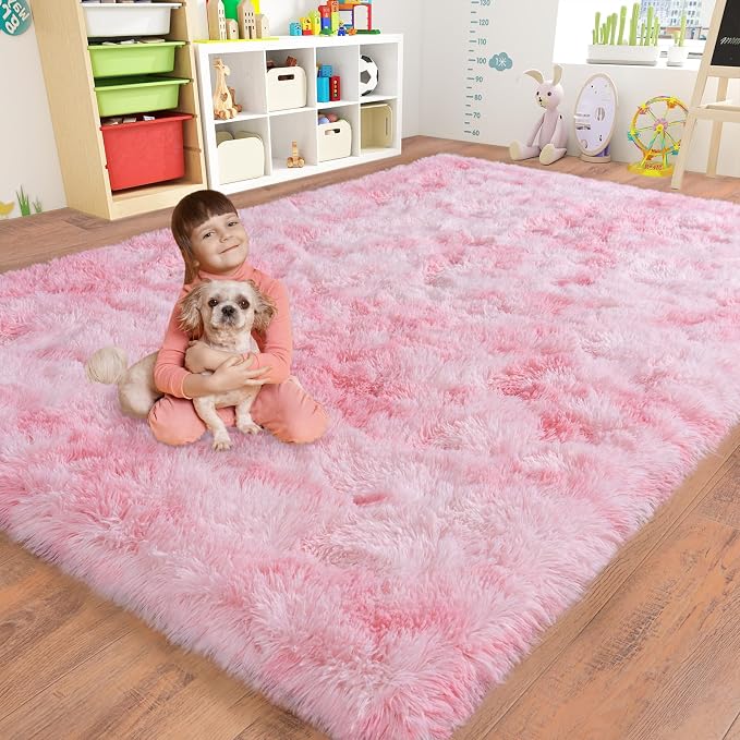 Dssimo Pink and White Rug for Living Room Bedroom,8x10 Soft Shaggy Area Rug | Upgrade Non-Slip Large Pink Fuzzy Rug for Girls Nursery Kids Room Dorm Room Home Decor, Indoor Plush Floor Carpet