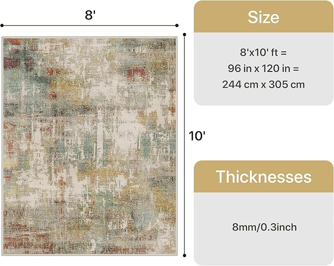 GENIMO Abstract Area Rug 8x10, Washable Large Modern Rug Non Slip, Low Pile Lightweight Soft Carpet for Living Room, Bedroom, Dining Room, Rust Green