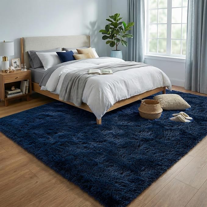 Fluffy Rugs for Bedroom: Navy Blue Soft Shag Rug for Living Room, Large Fuzzy Plush Indoor Carpet Non Slip Modern Rug for Nursery Kids Room Dorms Office Home Decor, 5x8 Feet