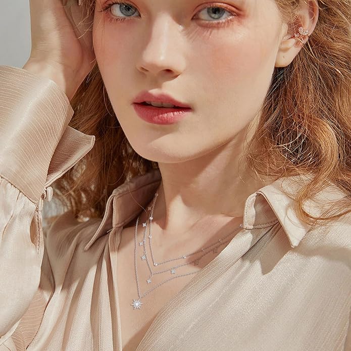 MONGAS Boho Layered Necklace Sterling Silver Triple 3 Stacked Vertical Bar Triangle Long Layering Necklaces Christmas Jewelry Gifts for Women