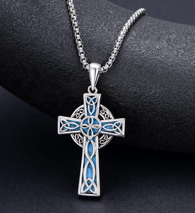 HPQQ Cross Necklace 925 Sterling Silver Turquoise Tree of Life Celtic Knot Cross Pendant Jewelry Mother's Day Gifts for Women