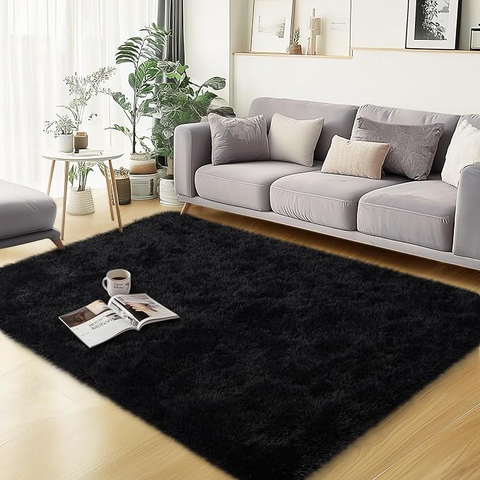 qulint 3x5 Black Rug for Bedroom, Fluffy Small Rug for Living Room Boy Room | Fuzzy Plush Non Slip Carpet Shaggy Shag Modern Solid Rug for Dorm Nursery Kid Room Classroom Home Decor