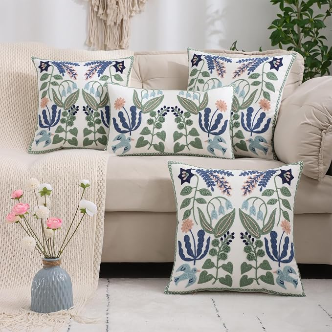 Embroidered Throw Pillow Covers 12x20 inch Set of 2 Green Leaves with Birds Floral Tufted Pillowcases Summer Decorative Coastal Pillow Cushion Cases Lumbar Navy Blue Flower Pillow Case
