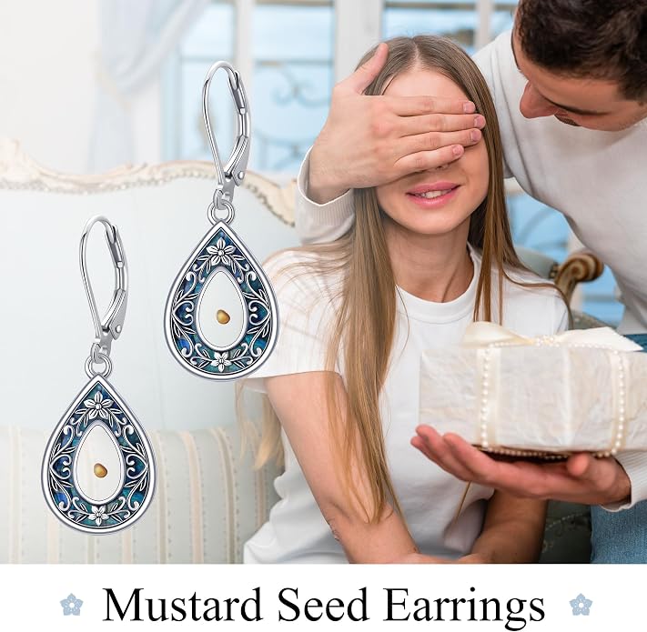 Mustard Seed Earrings Sterling Silver Mustard Seed Faith Teardrop Dangle Earrings Christian Jewelry Gifts for Women